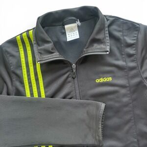 Adidas Womens M Black Neon Green 3 Stripe Full Zip Track Jacket Y2K Retro Sporty